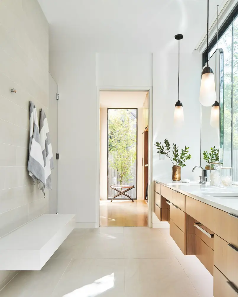 Bright bathroom with modern lighting fixtures illuminating a spacious, accessible design and a view of greenery outside.