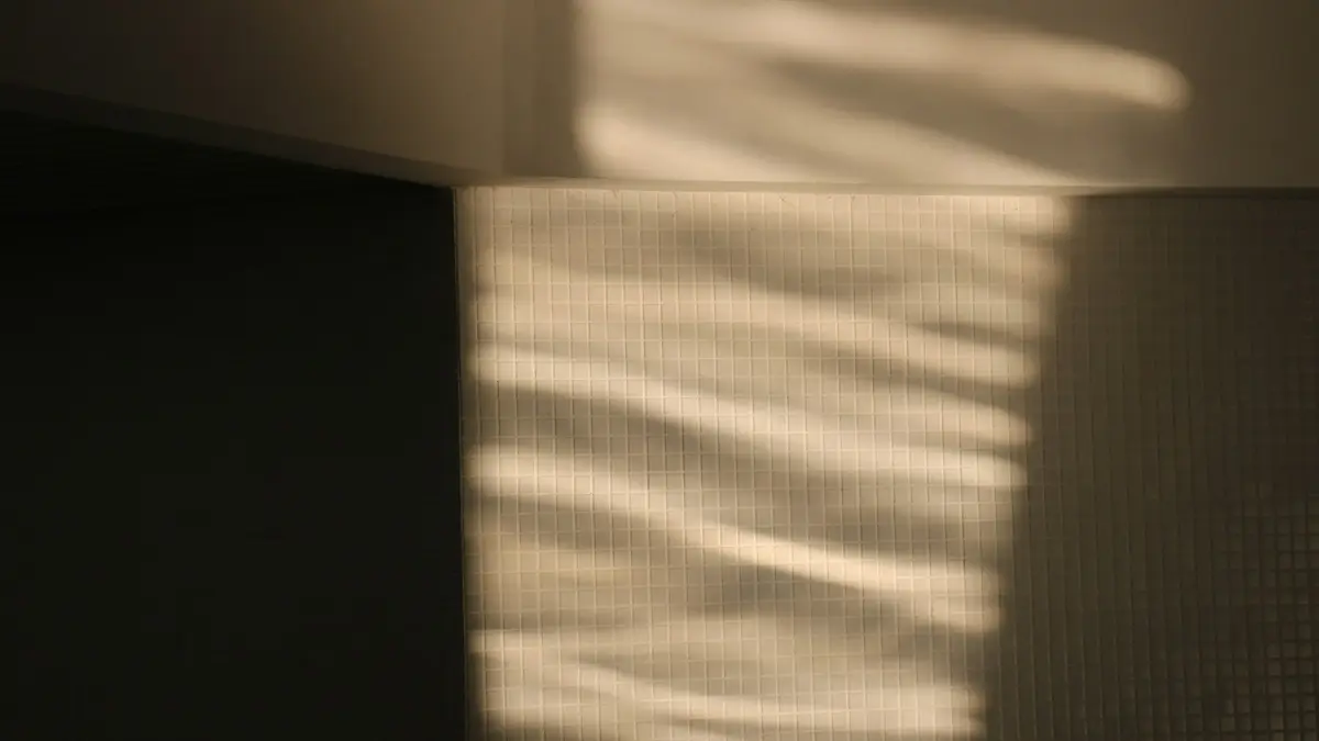 Soft light creates gentle shadows on a tiled wall, showcasing texture and depth.