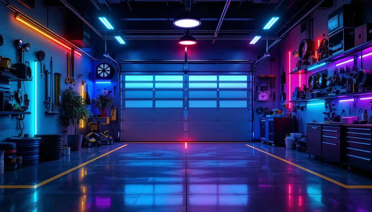A brightly lit garage with colorful LED strip lights along the walls and overhead.