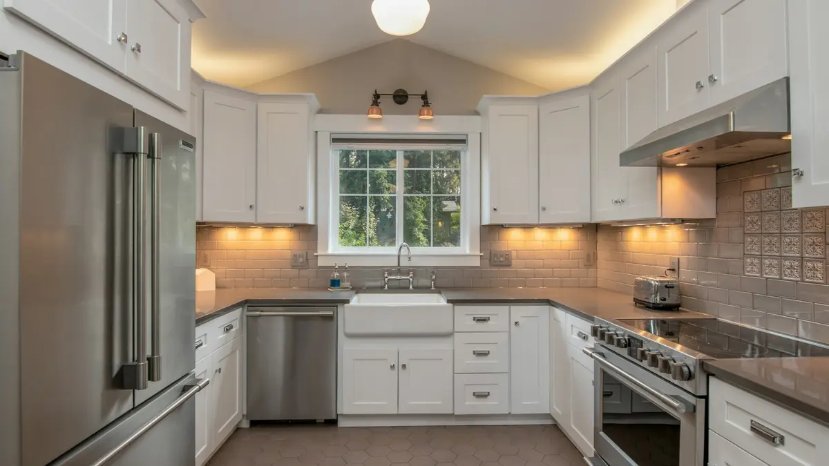Bright recessed lighting illuminates a modern kitchen with white cabinetry and a farmhouse sink.