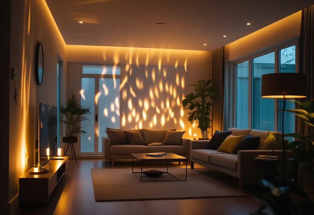 Cozy living room illuminated with warm lighting, featuring flickering light patterns on the wall.