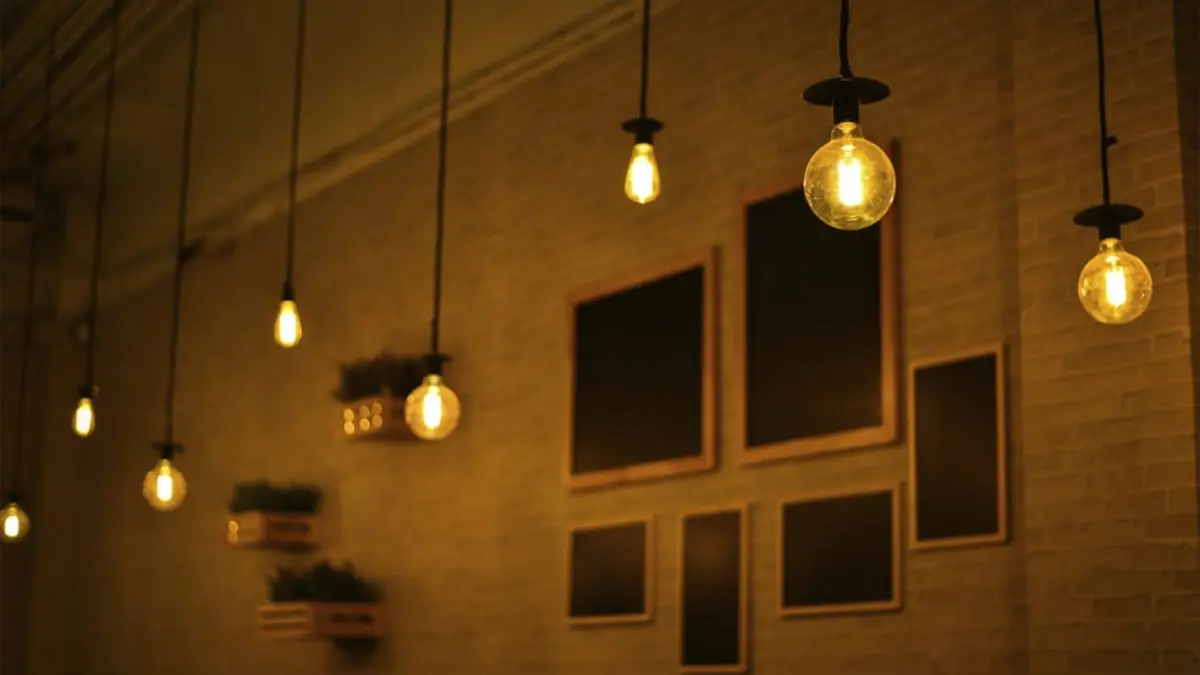 Hanging vintage-style light bulbs illuminate a textured wall with empty frames.