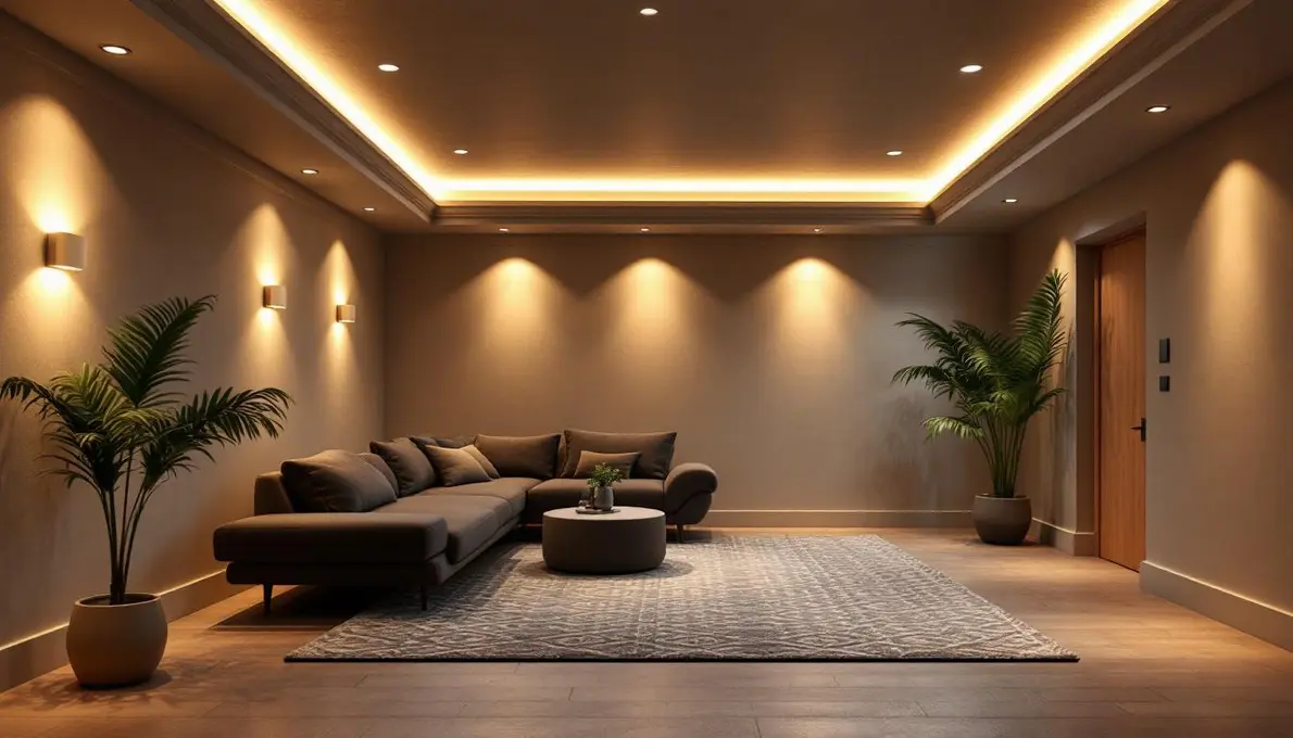 A modern living room with low-glare recessed lights, featuring a cozy sofa and indoor plants.