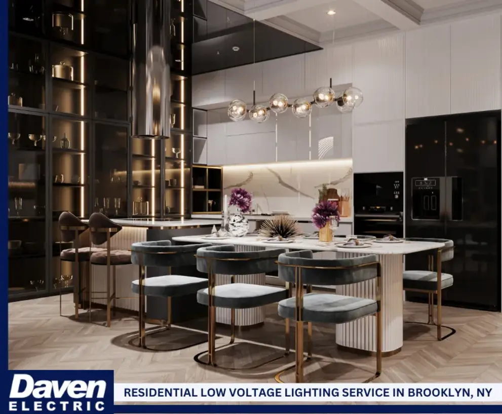 Modern kitchen with low-voltage lighting illuminating a stylish dining area and sleek cabinetry.