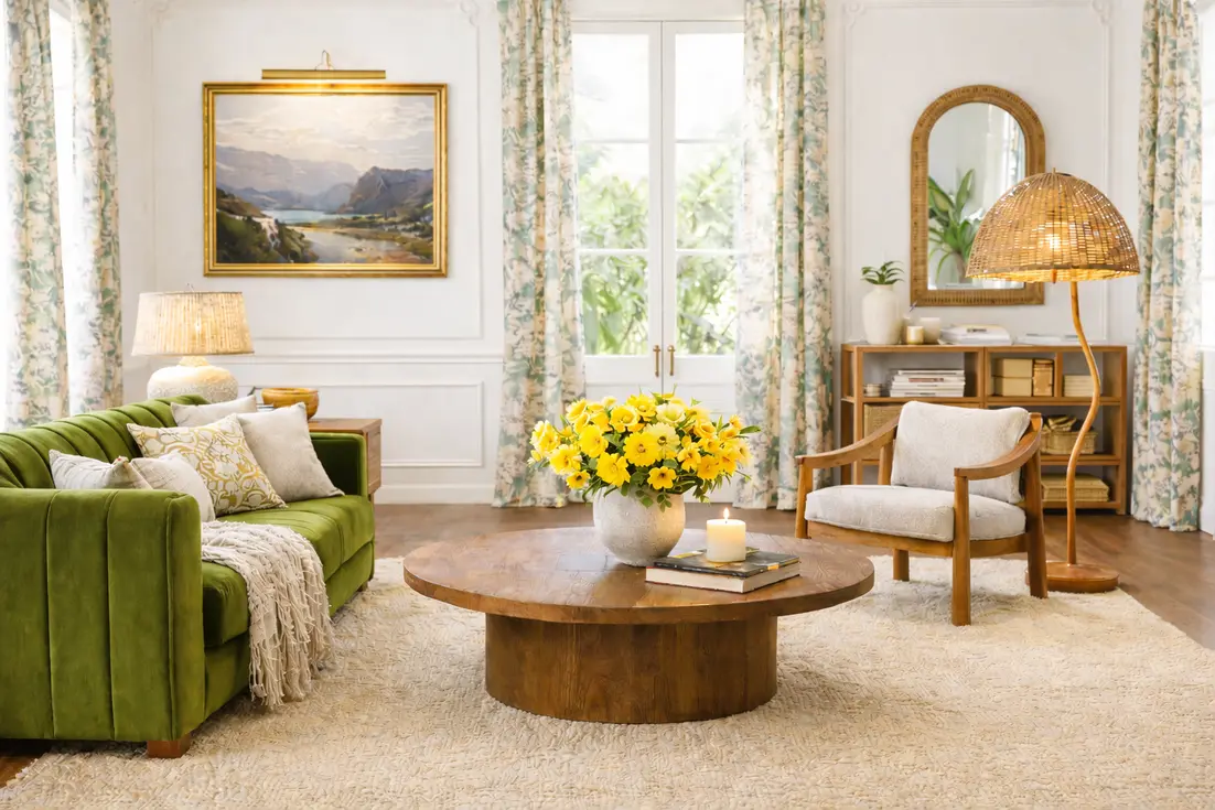 Cozy living room featuring warm lighting, a round wooden table, and yellow flower arrangement.
