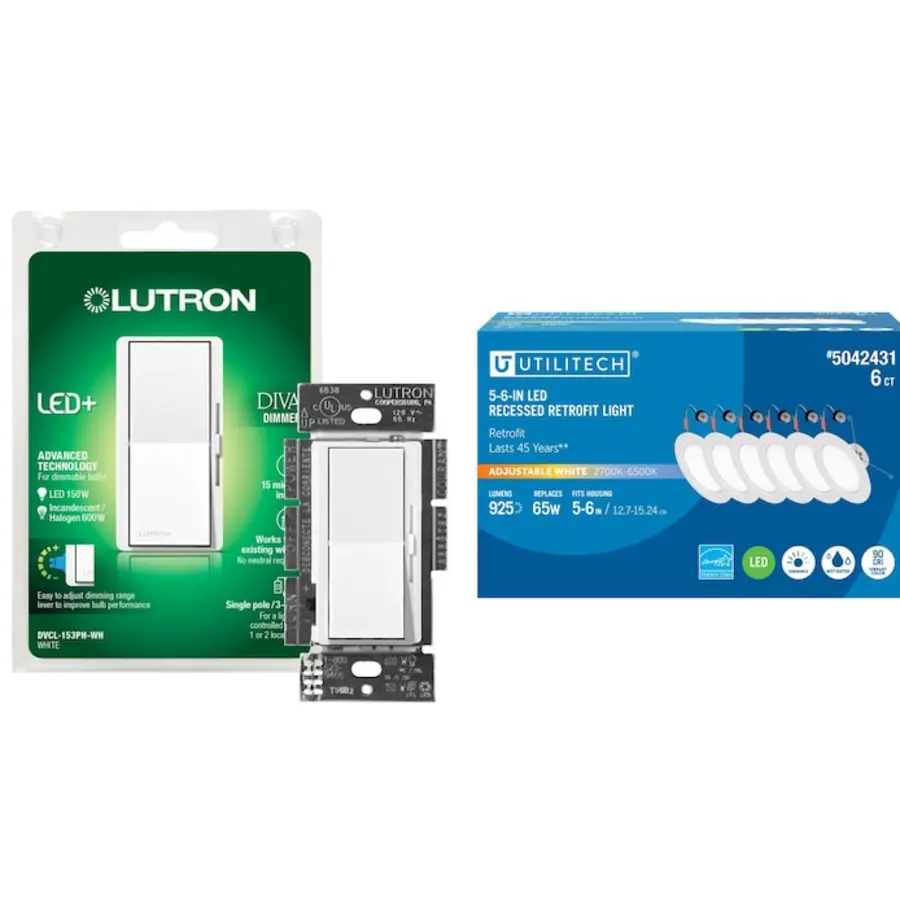 Recessed light dimmer switch and LED retrofit light packages displayed together.