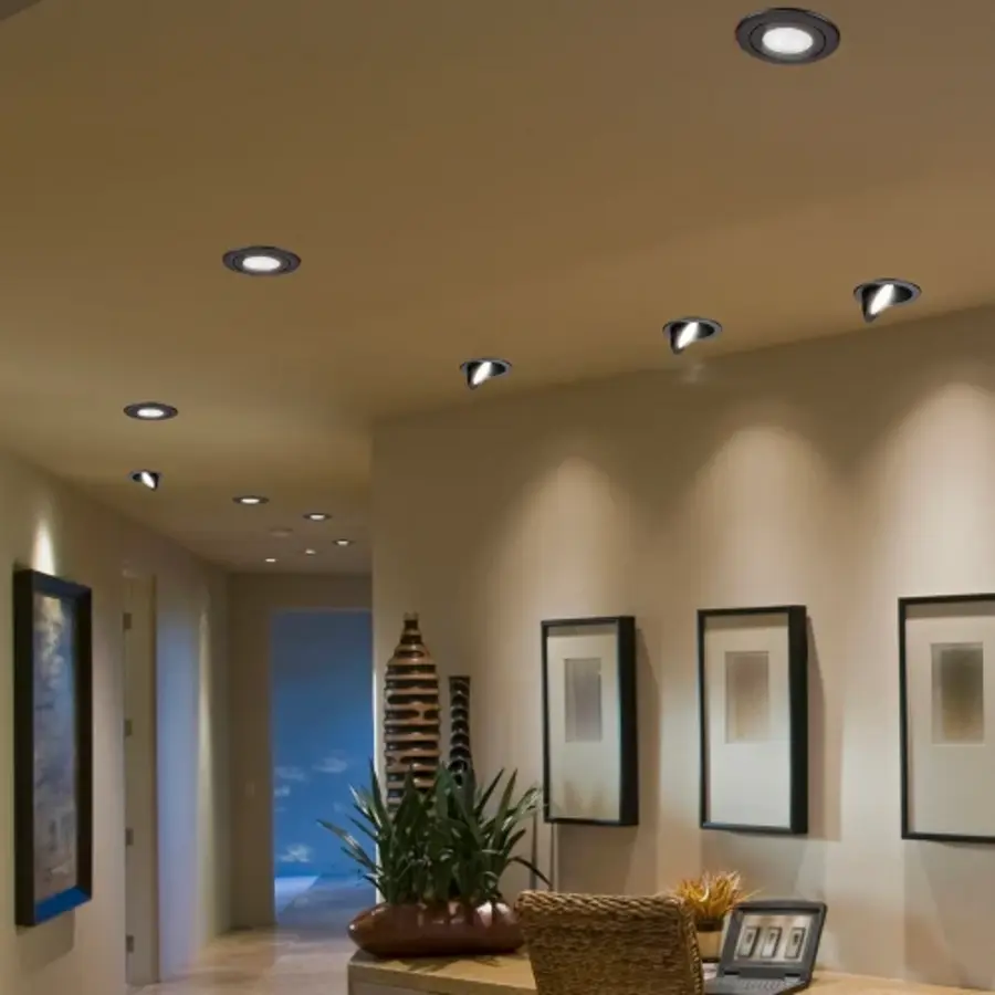 Recessed gimbal lights illuminate a modern hallway with framed artworks and decorative plants.