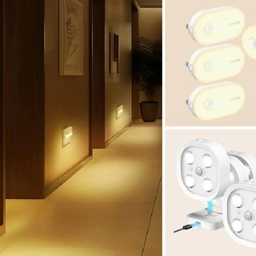 Motion-sensor lights installed along a hallway, illuminating the floor with soft lighting.